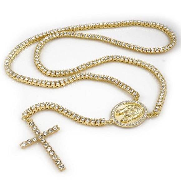 Hip Hop Jewelry Other - Iced out gold plated cubic zirconia CZ Catholic Christian rosary necklace